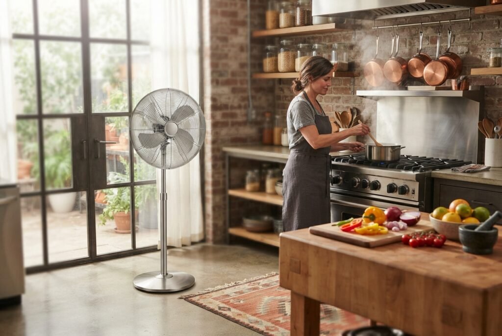 Melhor Ventilador de coluna - Ventiladores em uma cozinha.