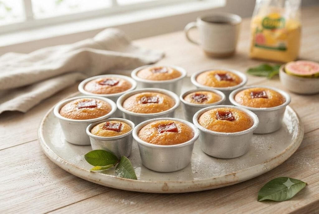 bolo-de-fuba-com-milho-e-goiabada: Bolo de Fubá com Milho e Goiabada em Cubos. Em forminhas sobre uma mesa.