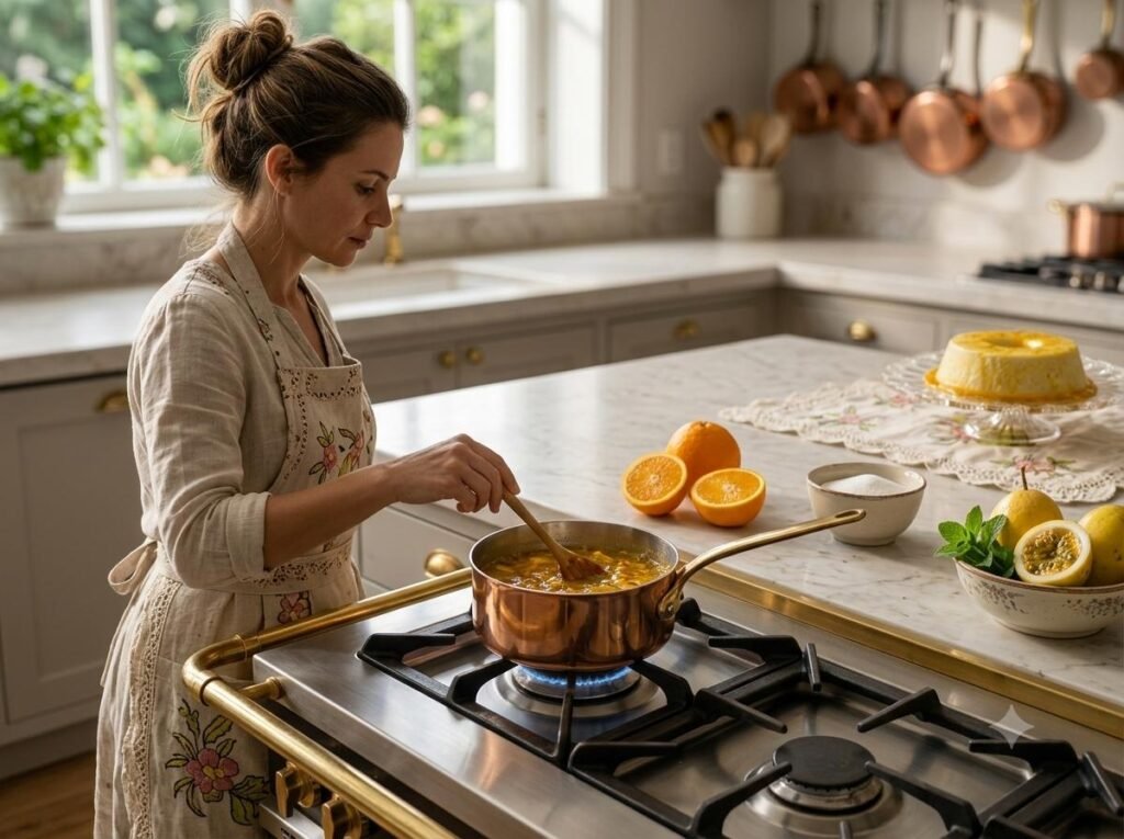 Mousse: Aprenda a fazer mousse de abacate com calda de laranja, uma sobremesa cremosa, prática e sem precisar do forno. Calda de Laranja Sendo Preparada.