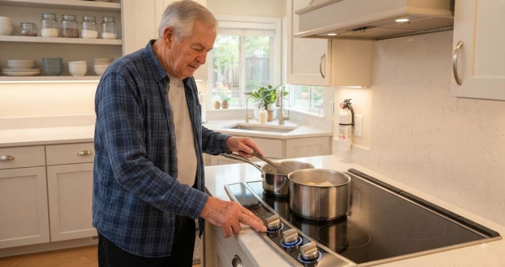 cozinha-segura-idoso-tremor-parkinson: Adaptações no fogão e no preparo de alimentos.