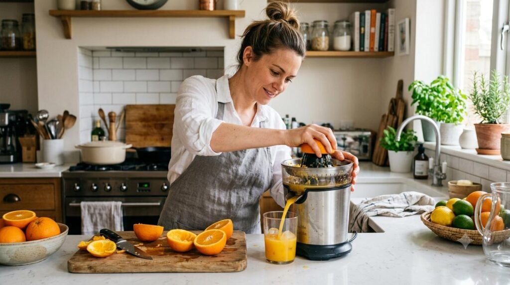 Melhor espremedor de frutas. Descubra a diferença entre espremedor de cítricos e centrífuga, e compare 3 modelos reais para escolher o melhor espremedor de frutas. Espremedor de Laranja em Uso.