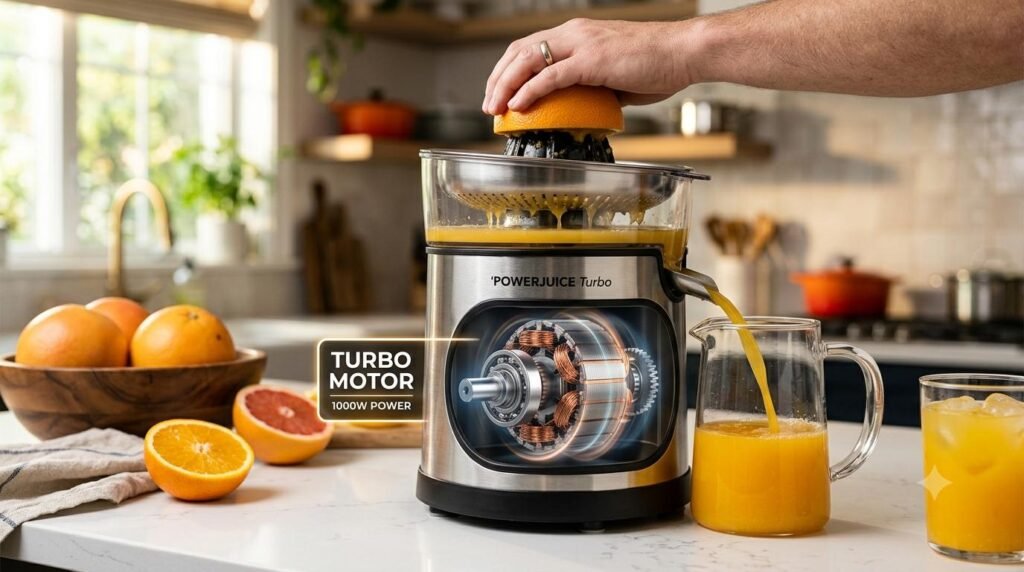 Melhor espremedor de frutas - equipamento com o motor turbo em destaque. Descubra a diferença entre espremedor de cítricos e centrífuga, e compare 3 modelos reais para escolher o melhor espremedor de frutas. Espremedor de Laranja em Uso.