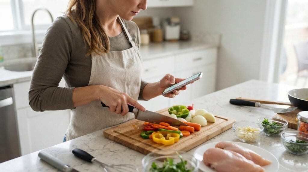 Erros de Higiene na Cozinha. - Mexer no celular durante o preparo.