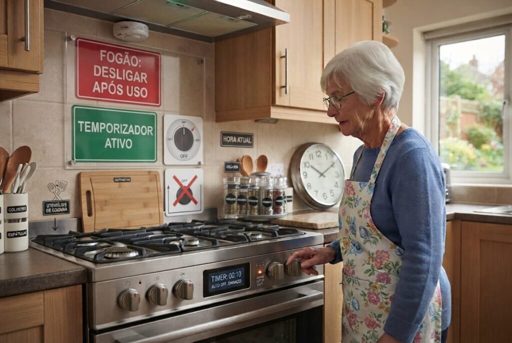 Cozinha Segura para Idoso com Esquecimento - Cozinha adaptada com Sinalização Organizada.