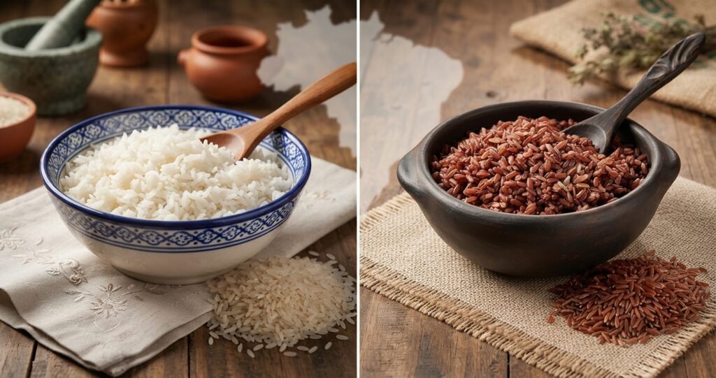 Origem, Cultivo e Consumo de Arroz Branco e Arroz Vermelho no Brasil.