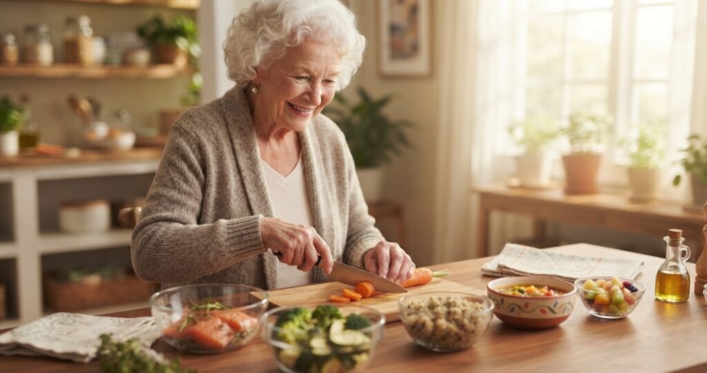 Receita para Estimular o Apetite do Idoso: Uma senhora idosa, preparando alimentos.