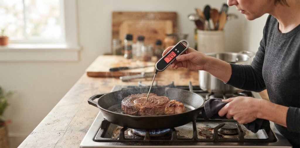 Termômetro culinário sendo utilizado em uma cozinha doméstica.