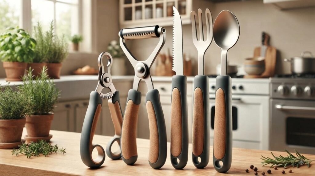 Utensílios de cozinha adaptados para idosos.