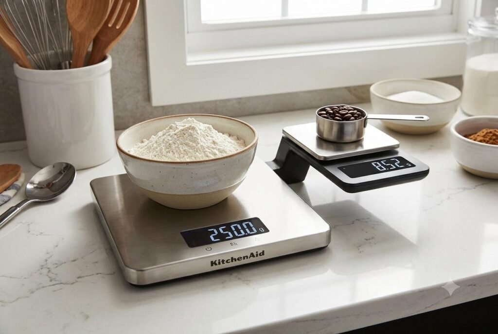 Balança Digital KitchenAid Com duas plataformas em uso.