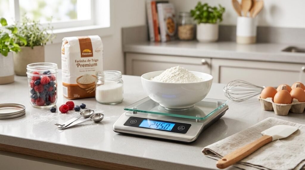 Melhor Balança Digital - Balança Digital de cozinha pesando ingredientes.