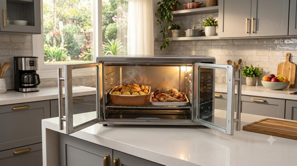 Forno elétrico de bancada - Forno Oster French Door com as portas abertas.