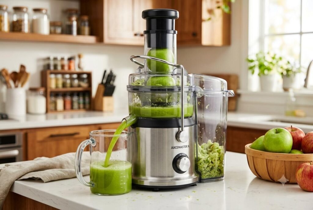 Melhor espremedor de frutas - centrífuga processando uma frutas inteiras. Descubra a diferença entre espremedor de cítricos e centrífuga, e compare 3 modelos reais para escolher o melhor espremedor de frutas. Centrífuga processando uma fruta inteira.
