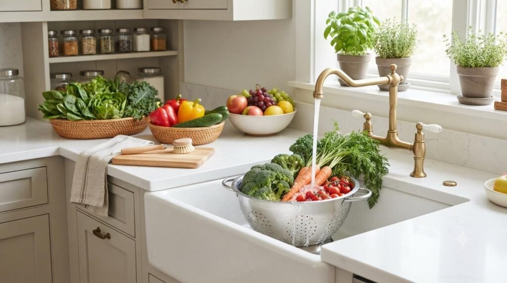 como higienizar frutas legumes e verduras corretamente: Aprenda como higienizar frutas, verduras e legumes corretamente para reduzir riscos de contaminação e garantir mais segurança alimentar. Legumes, verduras e frutas sendo lavadas em água corrente.