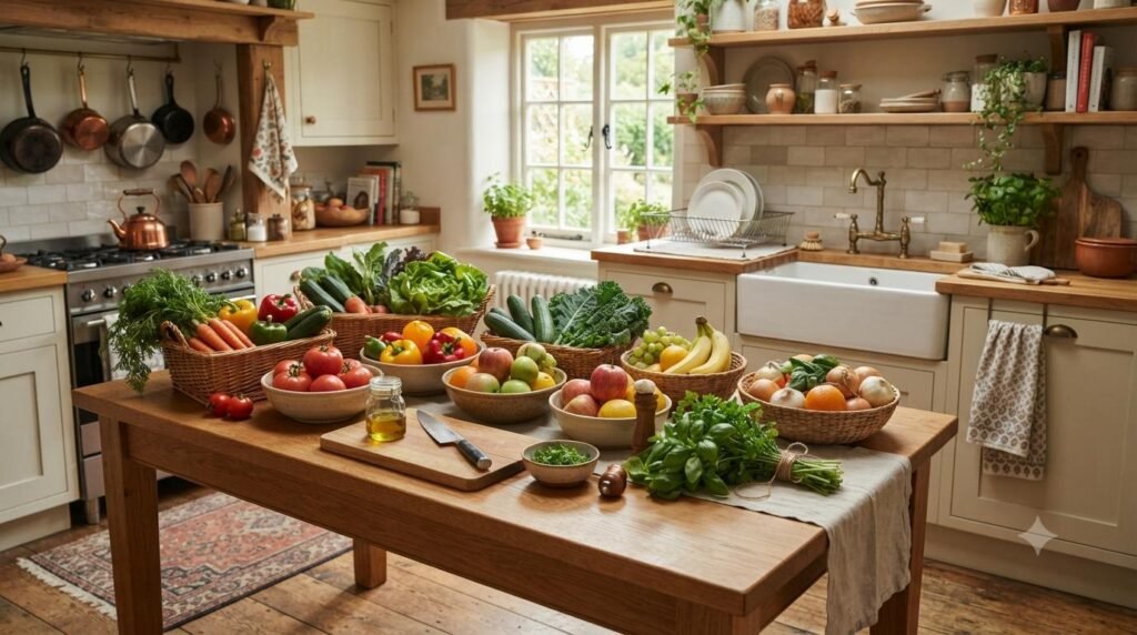 como higienizar frutas legumes e verduras corretamente: Aprenda como higienizar frutas, verduras e legumes corretamente para reduzir riscos de contaminação e garantir mais segurança alimentar. Mesa contendo Frutas, Legumes e Verduras após Higienizadas.