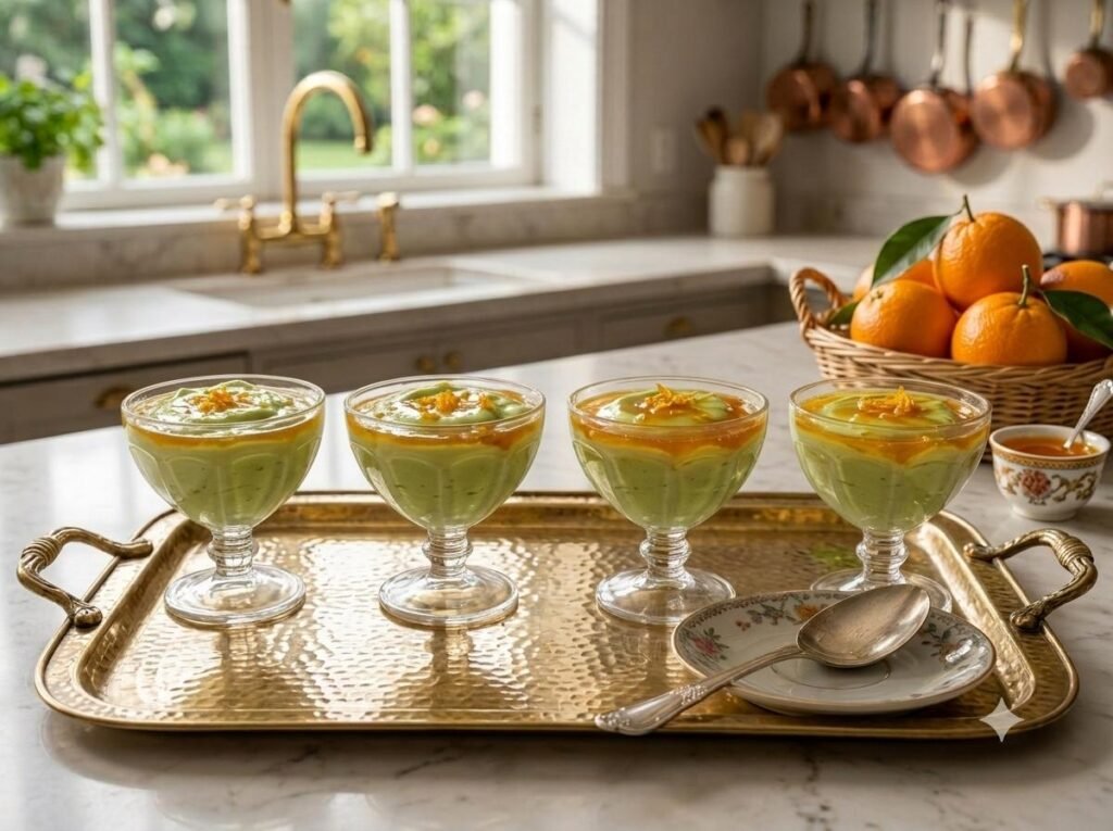 Mousse: Aprenda a fazer mousse de abacate com calda de laranja, uma sobremesa cremosa, prática e sem precisar do forno. Mousse de Abacate com Calda de Laranja porcionados em taças.