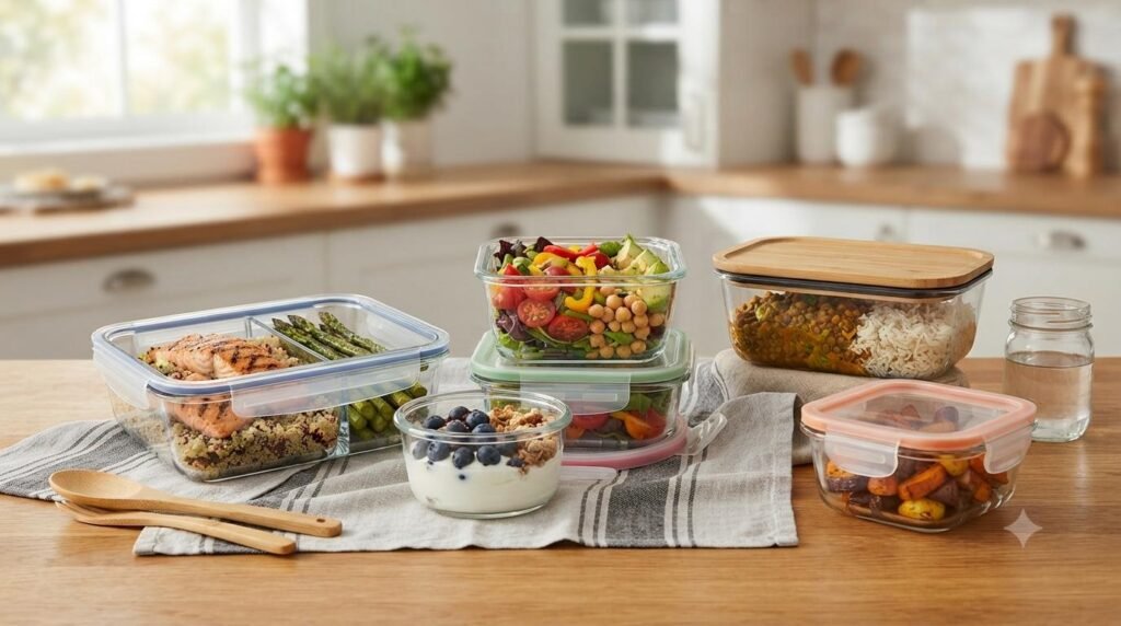Os 5 melhores potes de vidro herméticos pra marmita: vedação total, resistência térmica e organização. Compare modelos e escolha o ideal pra sua rotina. Potes de Vidro Herméticos sobre a mesa com Alimentos.