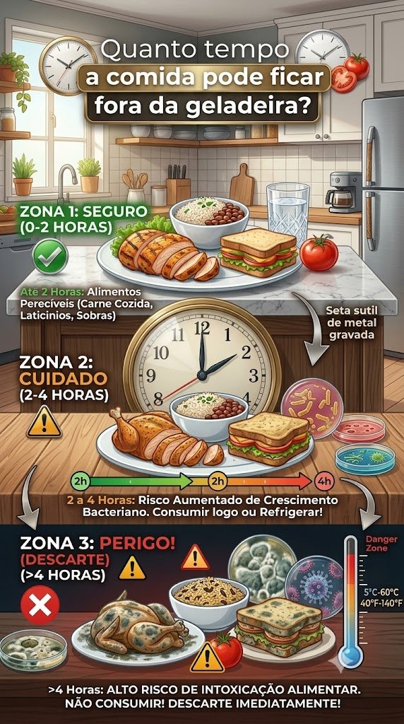 Quanto Tempo a Comida Pode Ficar Fora da Geladeira. Descubra quanto tempo a comida pode ficar fora da geladeira sem oferecer riscos à saúde. Veja os prazos seguros e como evitar intoxicação alimentar. Indicadores de Tempo entre Categoria de Alimentos : Quanto Tempo a Comida Pode Ficar Fora da Geladeira?