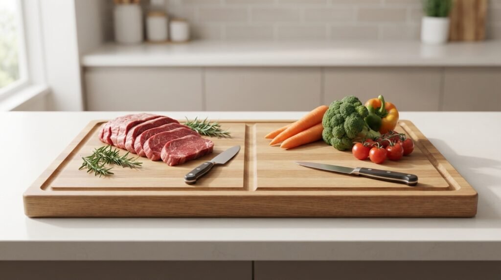 Segurança dos Alimentos: tábua de corte com carne crua de um lado e vegetais do outro, ilustrando separação de alimentos