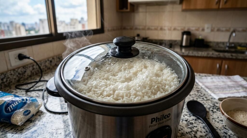 Panela Elétrica de Arroz com Tampa com visor de Vidro em uso: Melhor Panela Elétrica de Arroz: Comparamos 3 panelas elétricas de arroz — veja capacidade, funções e qual vale mais o seu dinheiro para sua cozinha.