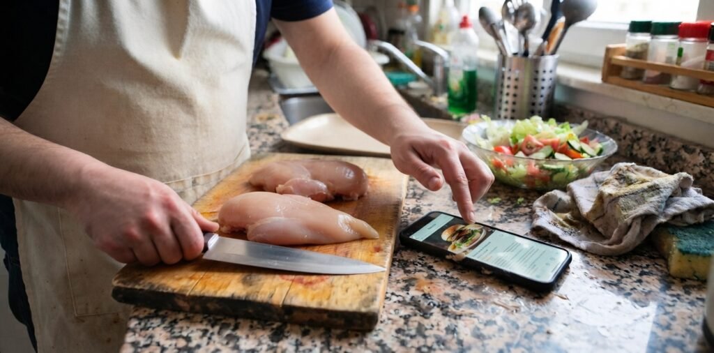 Uso do celular na cozinha no momento de cozinhar.