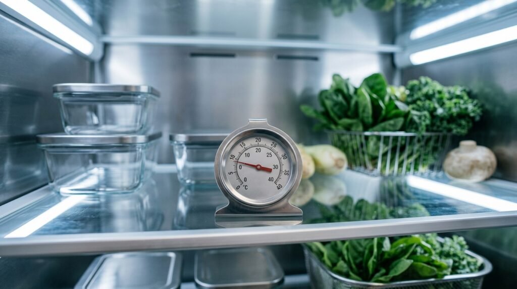 Termômetro dentro da geladeira para conferir a temperatura dos alimentos na geladeira